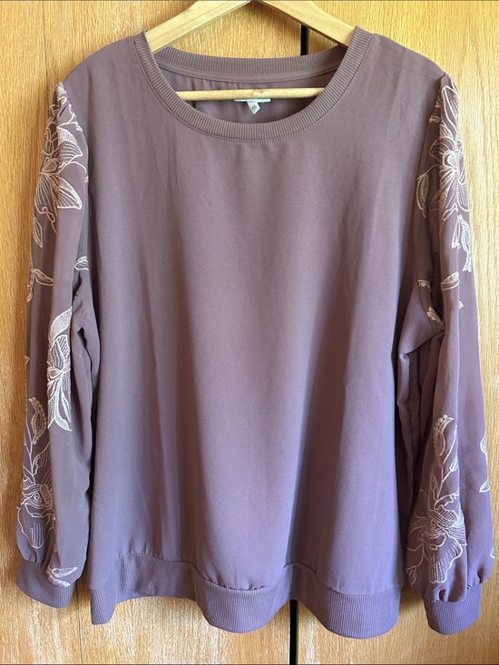 Maurices Tops - Maurices Mauve Pullover Blouse with Floral Sleeve Embroidery